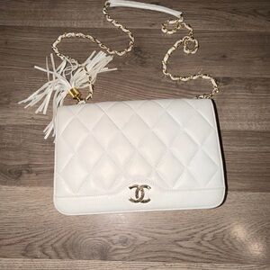 CHANEL White Quilted Leather Crossbody with Gold Chain and Tassel
